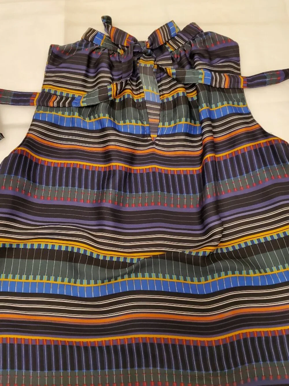 LOFT Festival Striped Multi-Color Tie Back High Neck Sleeveless Top Blouse - SP - Picture 10 of 12